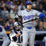 Oct 28, 2024; New York, New York, USA; Los Angeles Dodgers two-way player Shohei Ohtani (17) walks during the first inning against the New York Yankees in game three of the 2024 MLB World Series at Yankee Stadium.