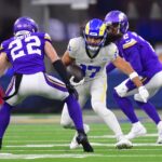 Oct 24, 2024; Inglewood, California, USA; Los Angeles Rams wide receiver Puka Nacua (17) runs the ball against against the Minnesota Vikings during the first half at SoFi Stadium.