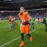 Denver Broncos quarterback Bo Nix (10) following the win over the Atlanta Falcons at Empower Field at Mile High.