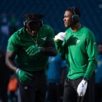 Philadelphia Eagles wide receivers A.J. Brown (L) and DeVonta Smith (R) warm up before action against the Jacksonville Jaguars at Lincoln Financial Field.