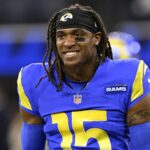 Los Angeles Rams wide receiver Demarcus Robinson (15) walks off the field during warmups before a game against the Philadelphia Eagles at SoFi Stadium.