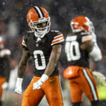 CLEVELAND, OHIO - NOVEMBER 21: Greg Newsome II #0 of the Cleveland Browns celebrates in the first half of the game against the Pittsburgh Steelers at Huntington Bank Field on November 21, 2024 in Cleveland, Ohio. The Browns beat the Steelers 24-19. (Photo by Lauren Leigh Bacho/Getty Images)