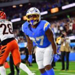 Los Angeles Chargers running back J.K. Dobbins (27) celebrates his touchdown scored against the Cincinnati Bengals during the second half at SoFi Stadium.