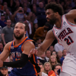 Apr 30, 2024; New York, New York, USA; New York Knicks guard Jalen Brunson (11) drives to the basket against Philadelphia 76ers center Joel Embiid (21) during the fourth quarter of game 5 of the first round of the 2024 NBA playoffs at Madison Square Garden.