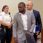 New England Patriots safety Jabrill Peppers appears in Quincy District Court for his arraignment on Monday, Oct. 7. Peppers was arrested at his Braintree apartment by police responding to a domestic dispute call.
