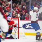 Colorado Avalanche left wing Jonathan Drouin (27) celebrates after scoring a goal against the Florida Panthers in the first period at Amerant Bank Arena.