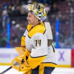 Nashville Predators goalie Juuse Saros (74) celebrates the victory against the Vancouver Canucks at Rogers Arena.