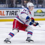New York Rangers forward Kaapo Kakko (24) skates against the Vancouver Canucks during the third period at Rogers Arena.