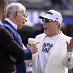 Las Vegas Raiders owner Mark Davis (right) talks with Los Angeles Rams owner Stan Kroenke before the game at SoFi Stadium.