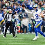Nov 3, 2024; Seattle, Washington, USA; Los Angeles Rams quarterback Matthew Stafford (9) passes against the Seattle Seahawks during the second quarter at Lumen Field. Mandatory Credit: Joe Nicholson-Imagn Images