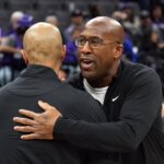Sacramento Kings head coach Mike Brown (right) and Brooklyn Nets head coach Jordi Fernandez (left) greet each other after the game at Golden 1 Center.