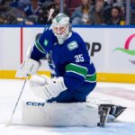Vancouver Canucks goalie Thatcher Demko (35) watches the rebound against the Nashville Predators in game one of the first round of the 2024 Stanley Cup Playoffs at Rogers Arena.