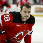 New Jersey Devils right wing Timo Meier (28) before a game against the San Jose Sharks at Prudential Center.