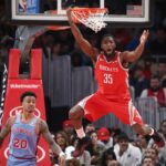 Mar 19, 2019; Atlanta, GA, USA; Houston Rockets forward Kenneth Faried (35) reacts after a shot attempt by Atlanta Hawks forward John Collins (20) in the second half at State Farm Arena. Mandatory Credit: Jason Getz-USA TODAY Sports