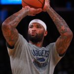 Apr 18, 2022; San Francisco, California, USA; Denver Nuggets center DeMarcus Cousins (4) warms up before game two of the first round for the 2022 NBA playoffs at Chase Center against the Golden State Warriors. Mandatory Credit: Kelley L Cox-USA TODAY Sports