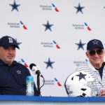 Jul 26, 2022; Oxnard, CA, USA; Dallas Cowboys coach Mike McCarthy (left) and owner Jerry Jones at training camp press conference at the River Ridge Fields. Mandatory Credit: Kirby Lee-USA TODAY Sports