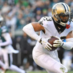 Jan 1, 2023; Philadelphia, Pennsylvania, USA; New Orleans Saints cornerback Marshon Lattimore (23) runs with the football after intercepting a pass against the Philadelphia Eagles at Lincoln Financial Field. Mandatory Credit: Eric Hartline-Imagn Images