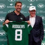 Apr 26, 2023; Florham Park, NJ, USA; New York Jets quarterback Aaron Rodgers (left) and owner Woody Johnson pose for a photo during the introductory press conference at Atlantic Health Jets Training Center. Mandatory Credit: Tom Horak-USA TODAY Sports