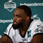 Philadelphia Eagles defensive end Brandon Graham speaks to the media after the first day of training camp at the NovaCare Complex in Philadelphia, Pennsylvania, on July 26, 2023.