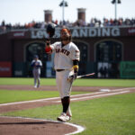 Oct 1, 2023; San Francisco, California, USA; San Francisco Giants shortstop Brandon Crawford (35) acknowledges the cheers of the crowd as he comes to bat against the Los Angeles Dodgers during the first inning at Oracle Park, in what could be his final game with the team. Mandatory Credit: D. Ross Cameron-USA TODAY Sports