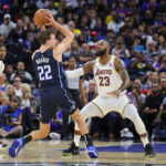 Nov 4, 2023; Orlando, Florida, USA; NBA; Los Angeles Lakers forward LeBron James (23) defends Orlando Magic forward Franz Wagner (22) during the first quarter at Amway Center.