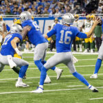 Nov 23, 2023; Detroit, Michigan, USA; Detroit Lions quarterback Jared Goff (16) passes the ball against the Green Bay Packers in the second quarter during the annual Thanksgiving Day game at Ford Field. Mandatory Credit: David Reginek-USA TODAY Sports