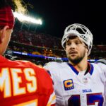 Dec 10, 2023; Kansas City, Missouri, USA; Buffalo Bills quarterback Josh Allen (17) talks with Kansas City Chiefs quarterback Patrick Mahomes (15) after a game at GEHA Field at Arrowhead Stadium. Mandatory Credit: Jay Biggerstaff-USA TODAY Sports