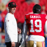 Jan 7, 2024; Santa Clara, California, USA; San Francisco 49ers head coach Kyle Shanahan and wide receiver Deebo Samuel (19) before the game against the Los Angeles Rams at Levi's Stadium. Mandatory Credit: Sergio Estrada-USA TODAY Sports