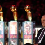Jan 19, 2024; Miami, Florida, USA; Miami Heat president Pat Riley sits on the court for the jersey retirement ceremony for former player Udonis Haslem during halftime of the game between the Miami Heat and the Atlanta Hawks Kaseya Center. Mandatory Credit: Jasen Vinlove-USA TODAY Sports