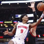 Feb 27, 2024; Chicago, Illinois, USA; Detroit Pistons forward Ausar Thompson (9) goes to the basket against the Chicago Bulls during the first half at United Center.