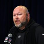 Feb 28, 2024; Indianapolis, IN, USA; New York Jets general manager Joe Douglas speaks at a press conference at the NFL Scouting Combine at Indiana Convention Center.