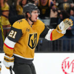 Mar 19, 2024; Las Vegas, Nevada, USA; Vegas Golden Knights center Brett Howden (21) celebrates after scoring a goal against the Tampa Bay Lightning during the second period at T-Mobile Arena.