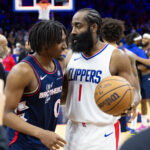 Mar 27, 2024; Philadelphia, Pennsylvania, USA; LA Clippers guard James Harden (1) and Philadelphia 76ers guard Tyrese Maxey (0) talk after the game at Wells Fargo Center