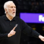 Apr 9, 2024; Memphis, Tennessee, USA; San Antonio Spurs head coach Gregg Popovich reacts during the second half against the Memphis Grizzlies at FedExForum. Mandatory Credit: Petre Thomas-USA TODAY Sports