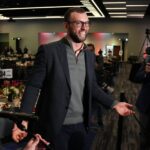 Former Colts quarterback Andrew Luck is interviewed Friday, April 12, 2024, during the Chuckstrong Tailgate Gala at the Colts Practice Facility in Indianapolis.