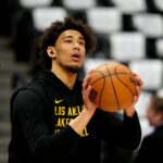 Apr 22, 2024; Denver, Colorado, USA; Los Angeles Lakers center Jaxson Hayes (11) warms up before the game against the Denver Nuggets during game two of the first round for the 2024 NBA playoffs at Ball Arena.