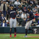 Apr 30, 2024; Chicago, Illinois, USA; Minnesota Twins outfielder Byron Buxton (25) celebrates with shortstop Carlos Correa (4) after scoring against the Chicago White Sox during the ninth inning at Guaranteed Rate Field. Mandatory Credit: Kamil Krzaczynski-USA TODAY Sports