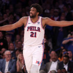 Apr 30, 2024; New York, New York, USA; Philadelphia 76ers center Joel Embiid (21) reacts during overtime in game 5 of the first round of the 2024 NBA playoffs against the New York Knicks at Madison Square Garden.