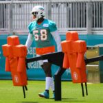Jun 4, 2024; Miami Gardens, FL, USA; Miami Dolphins linebacker Shaquil Barrett (58) works out during mandatory minicamp at Baptist Health Training Complex. Mandatory Credit: Sam Navarro-USA TODAY Sports