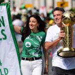 Jun 21, 2024; Boston, MA, USA; Boston Celtics majority owner Wyc Grousbeck holds the Larry OBrien trophy prior to the Boston Celtics championship parade. Mandatory Credit: Bob DeChiara-USA TODAY Sports