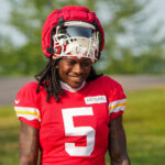 Jul 26, 2024; Kansas City, MO, USA; Kansas City Chiefs wide receiver Marquise ÒHollywoodÓ Brown (5) walks down the hill from the locker room to the fields during training camp at Missouri Western State University. Mandatory Credit: Denny Medley-USA TODAY Sports
