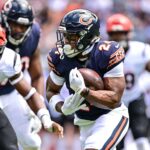 Aug 17, 2024; Chicago, Illinois, USA; Chicago Bears running back Khalil Herbert (24) runs the ball against the Cincinnati Bengals during the first quarter at Soldier Field.