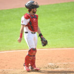 Sep 1, 2024; Cleveland, Ohio, USA; Cleveland Guardians catcher Austin Hedges (27) stands on the field in the sixth inning against the Pittsburgh Pirates at Progressive Field. Mandatory Credit: David Richard-USA TODAY Sports