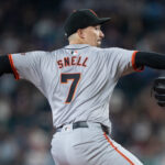 Aug 24, 2024; Seattle, Washington, USA; San Francisco Giants starter Blake Snell (7) delivers a pitch against the Seattle Mariners at T-Mobile Park. Mandatory Credit: Stephen Brashear-USA TODAY Sports