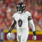 Sep 5, 2024; Kansas City, Missouri, USA; Baltimore Ravens linebacker Roquan Smith (0) during the second half against the Kansas City Chiefs at GEHA Field at Arrowhead Stadium. Mandatory Credit: Jay Biggerstaff-Imagn Images