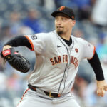 Sep 22, 2024; Kansas City, Missouri, USA; San Francisco Giants starting pitcher Blake Snell (7) pitches during the first inning against the Kansas City Royals at Kauffman Stadium.