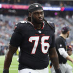 Sep 29, 2024; Houston, Texas, USA; Houston Texans guard Kenyon Green (76) during the game against the Jacksonville Jaguars at NRG Stadium. Mandatory Credit: Troy Taormina-Imagn Images