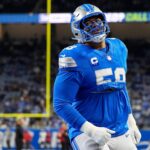 Detroit Lions right tackle Penei Sewell during warmups before the Tampa Bay Buccaneers game at Ford Field in Detroit on Sunday, Sept. 15, 2024.