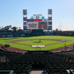 Oct 1, 2024; San Francisco, CA, USA; A general view of the video scoreboard at Oracle Park before a press conference to introduce new president of baseball operations Buster Posey. Mandatory Credit: Robert Edwards-Imagn Images