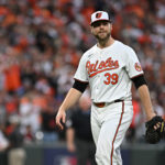 Oct 1, 2024; Baltimore, Maryland, USA; Baltimore Orioles pitcher Corbin Burnes (39) is relieved in the ninth inning against the Kansas City Royals in game one of the Wild Card round for the 2024 MLB Playoffs at Oriole Park at Camden Yards. Mandatory Credit: Tommy Gilligan-Imagn Images
